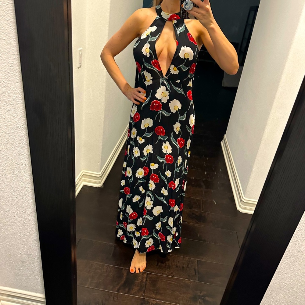 NWT plunge long dress with crisscross laced up back